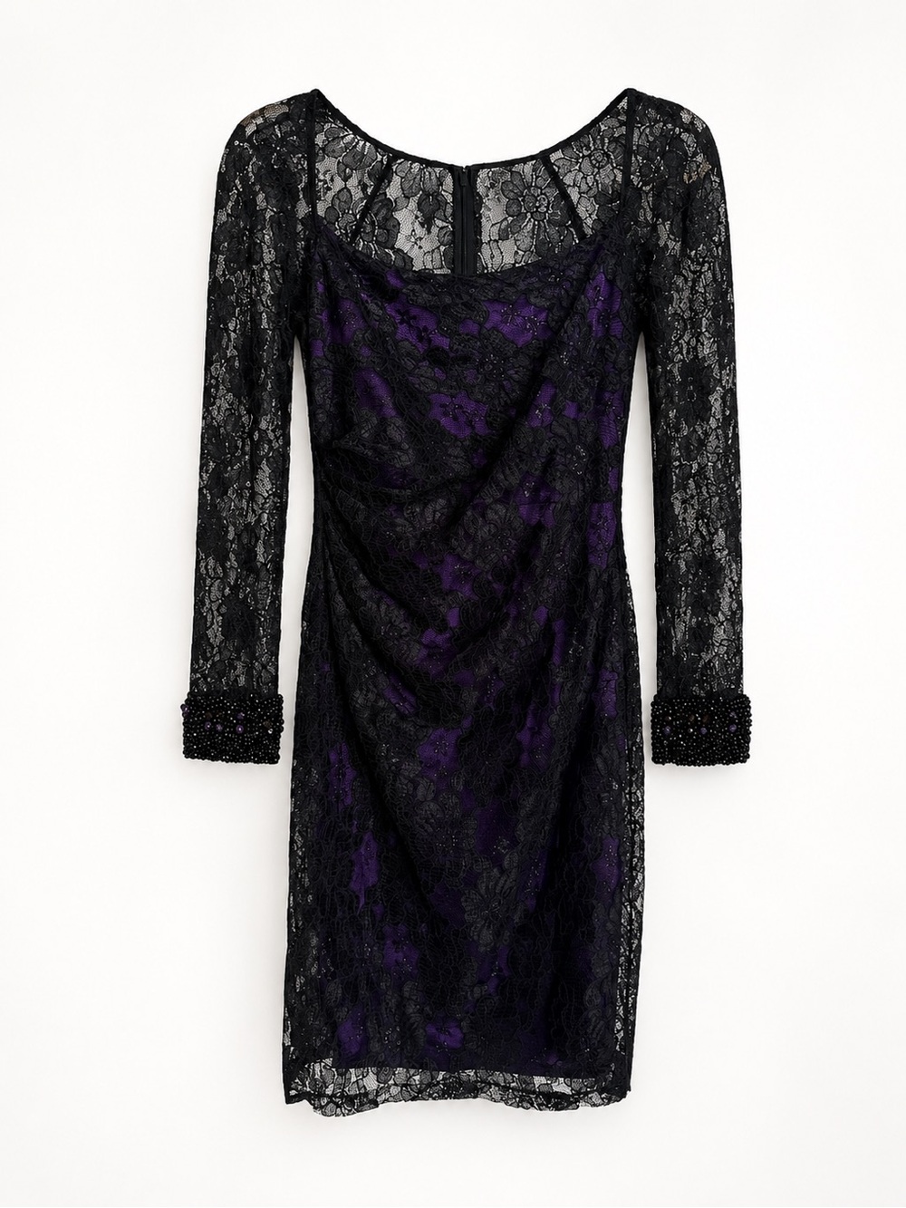 David Meister Black Lace Purple Cocktail Dress Beaded Cuffs Sz 2 NWT Wedding